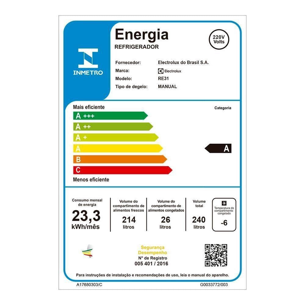 Refrigerador 240L 1 Porta Classe A 110 Volts, Branco, Electrolux