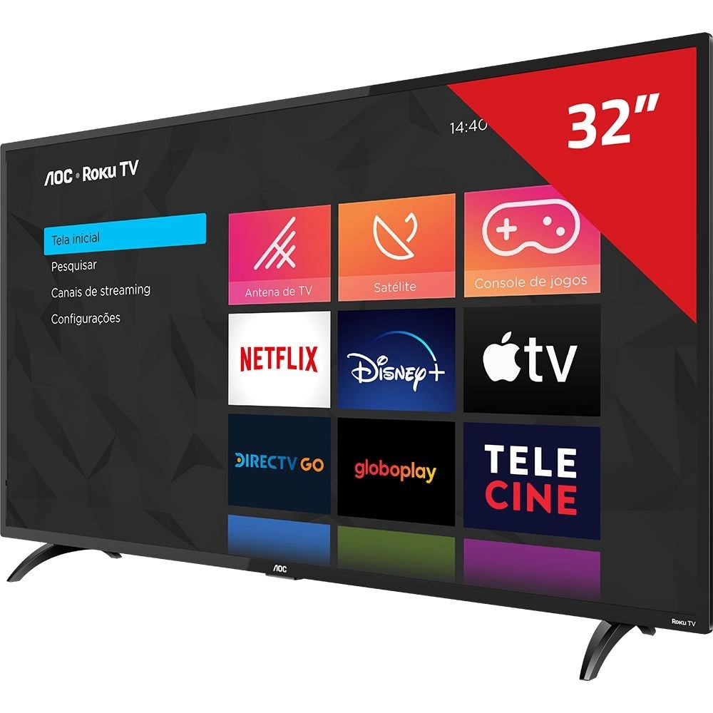 Smart TV AOC Roku LED 32'' 32S5195/78 Wi-Fi 3 HDMI 1 USB com Controle Remoto com atalhos Roku Mobile Miracast